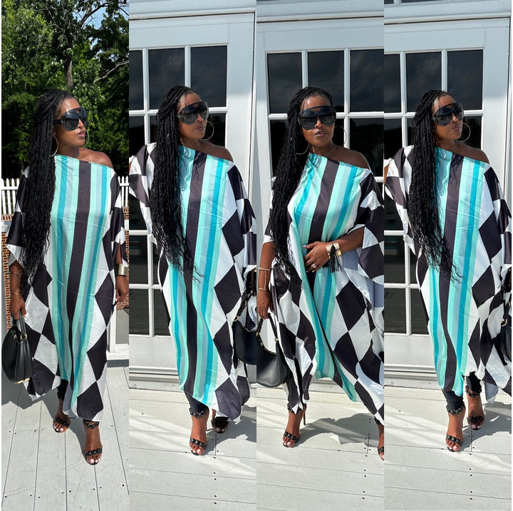 Rich Auntie Satin Diamond Print Kaftan Maxi- Black White and Turquoise Blend Ships 3/24