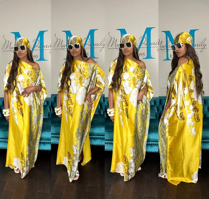 Vacation Vibes Kaftan Maxi Dress with Matching Scarf -  Gold Bronze Silver Cream Ships 6/19