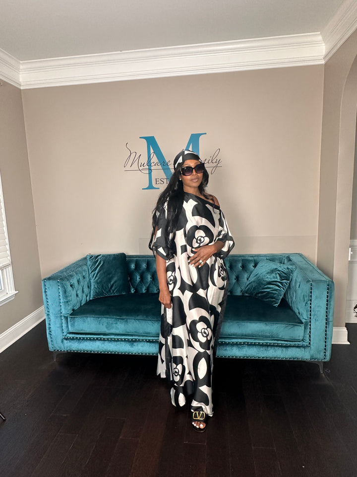 Classy & Fabulous Kaftan w/Matching Scarf  -Black & White camellia Print