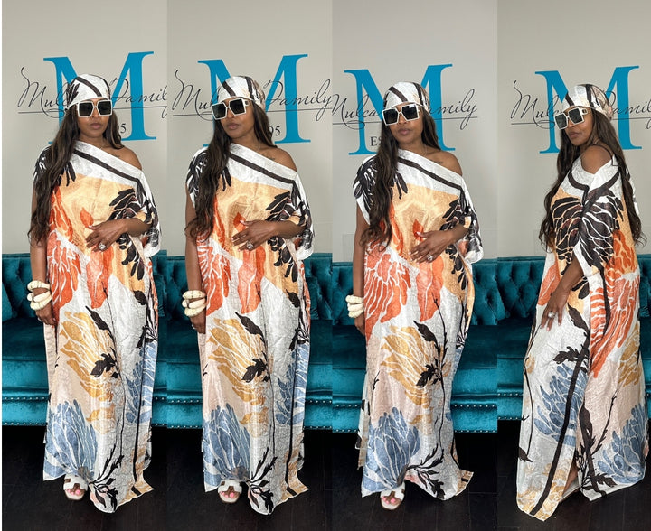Vacation Vibes Kaftan Maxi Dress with Matching Scarf -  Cream Orange Light Blue Tan Brown Blend Ships 6/12