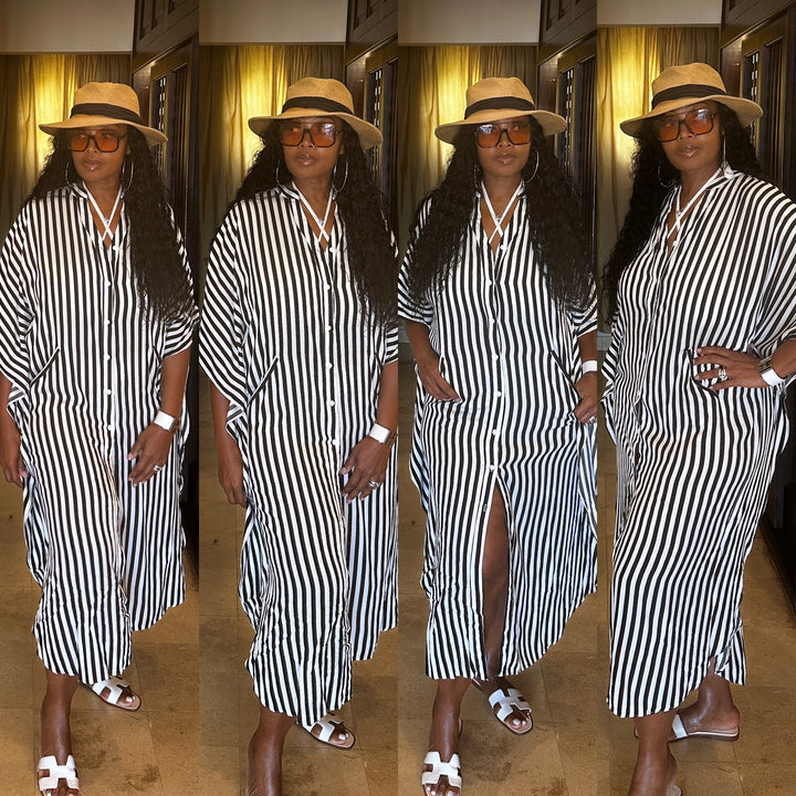 Black  and White V Neck Stripe Button Front Shirt Dress