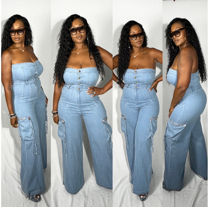 Grown Woman Strapless Button Front Cargo Jumpsuit