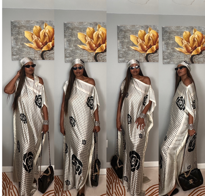 Vacation Vibes Kaftan Maxi Dress with Matching Scarf  -  Black and White Polka Dot Blend