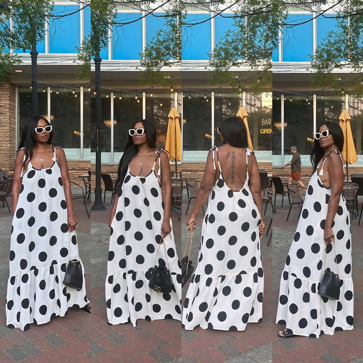 Pretty in Polka Dots Black and White Low Back Maxi Dress with Pockets