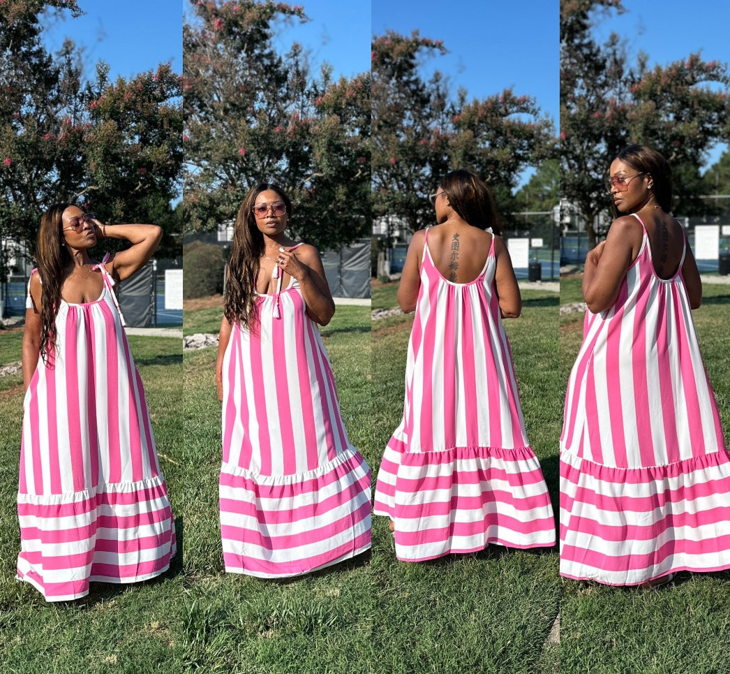 Beauty In Stripes  Maxi Dress with Pockets - Fuchsia and white blend