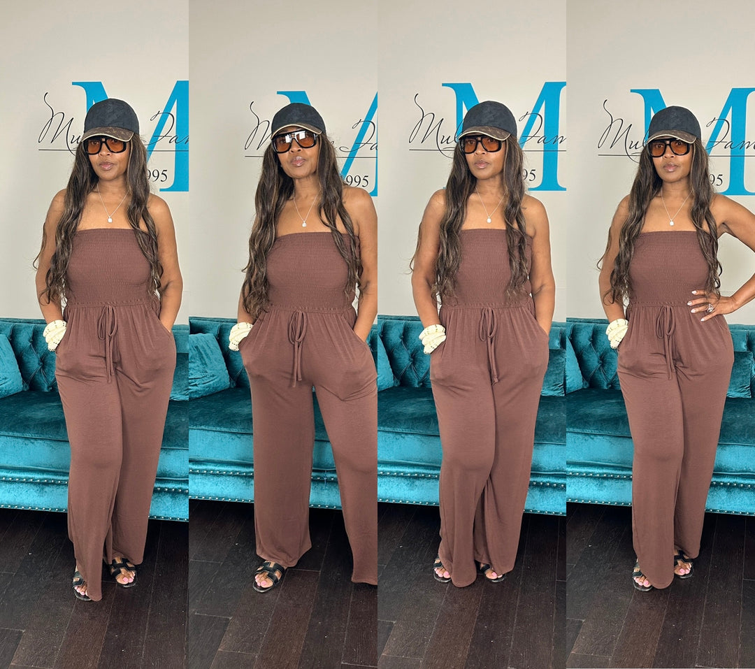 Strapless Smocked Get-Up-And-Go- Romper Chocolate Brown