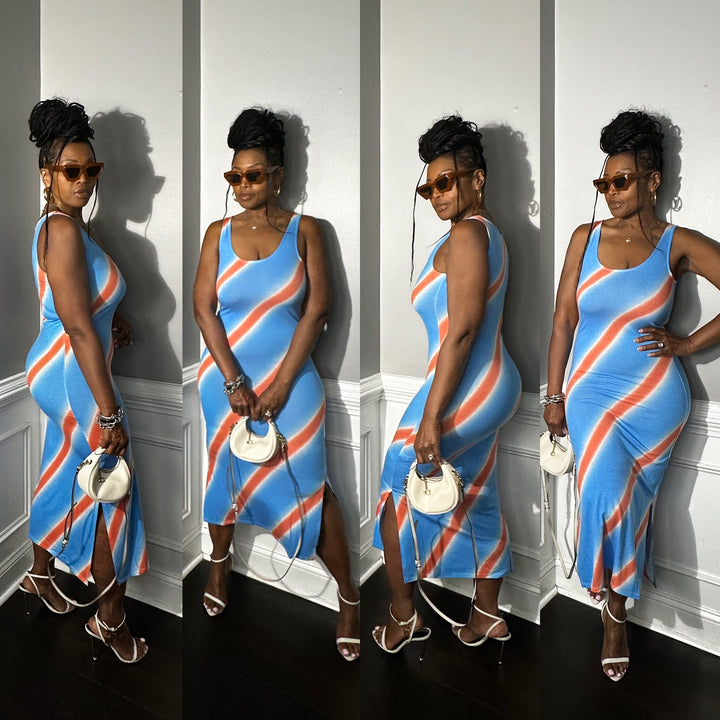 Summer Nights Side Split Midi Dress- Turquoise and Orange Blend