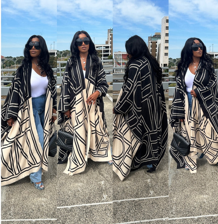 Rich Auntie Winter Fashion Black and White Geometric Kimono Coat - Black and cream Blend Ships 10/10