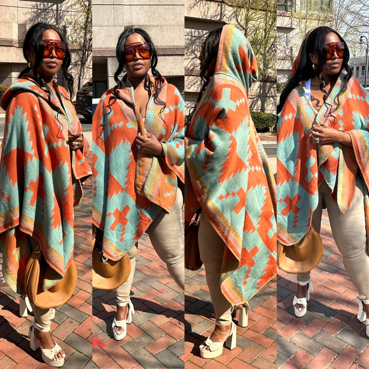 Reversible Rich Auntie Open Front Poncho with Hood - Burnt Orange Turquoise Blend