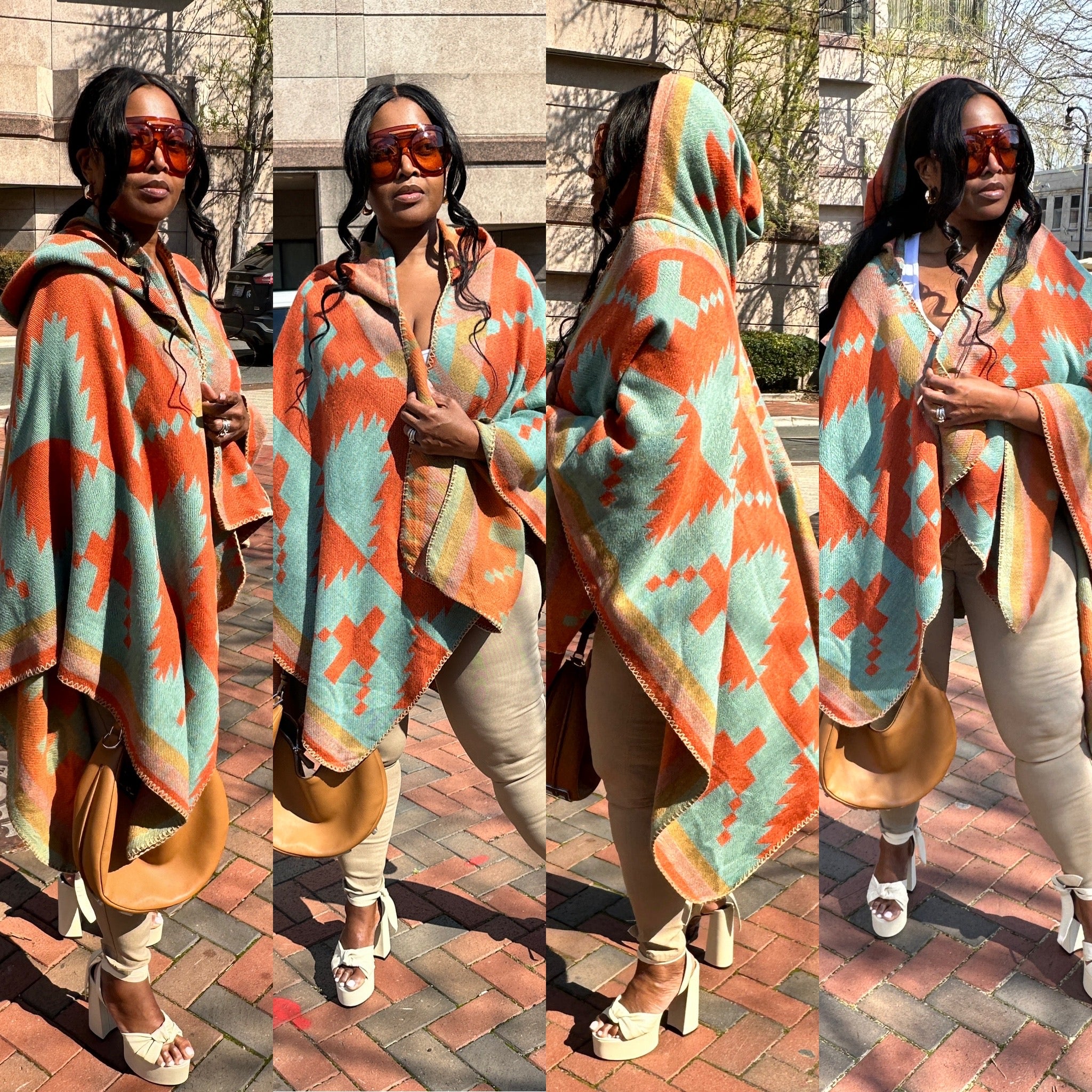 NEW Open Front Shorter Length Poncho with Hood - Burnt Orange Turquois ...