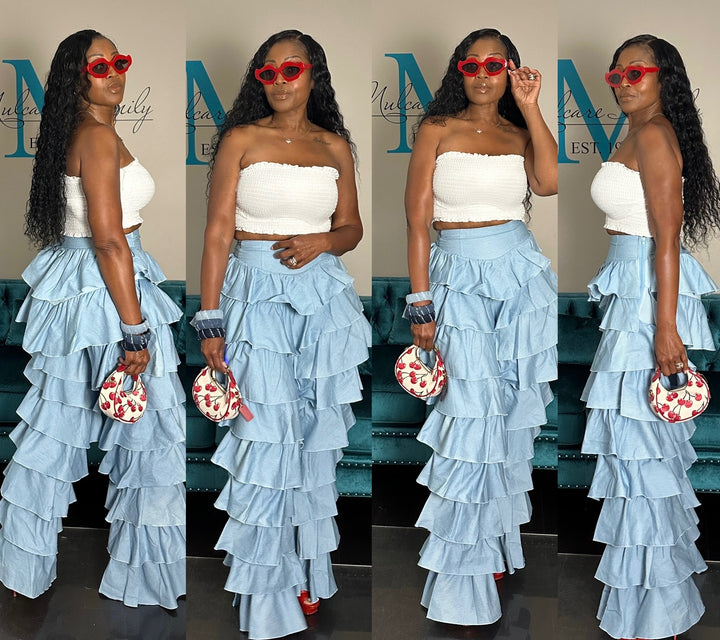 Denim Tiered Stretch Pants -Light Blue Denim