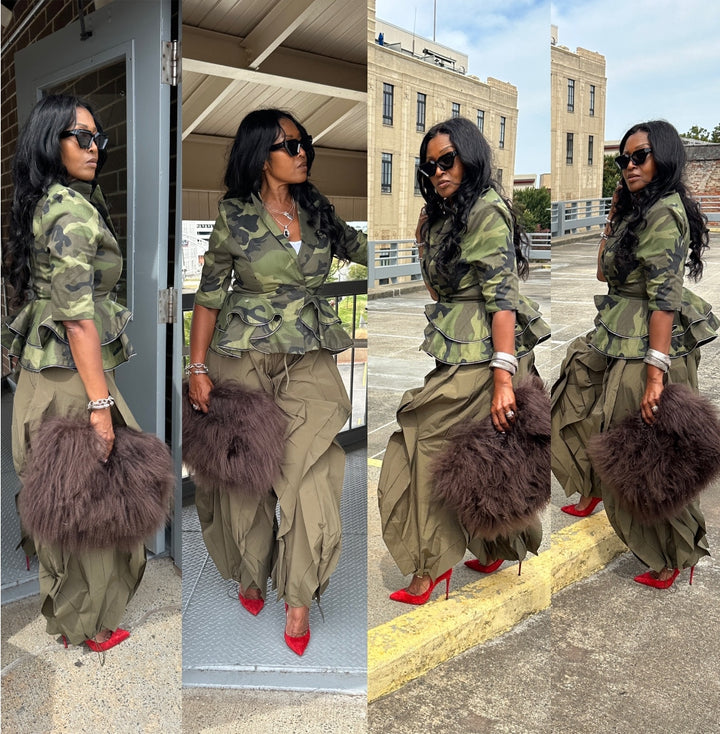 Camo Stretch  Peplum Zipper Tiered Jacket