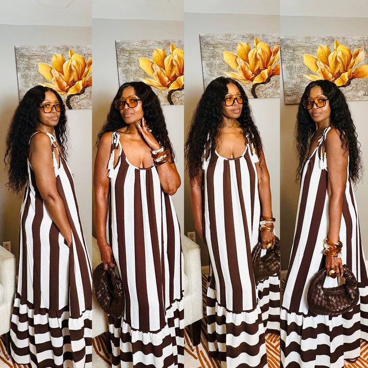 Beauty In Stripes  Maxi Dress with Pockets - Chocolate Brown and white blend