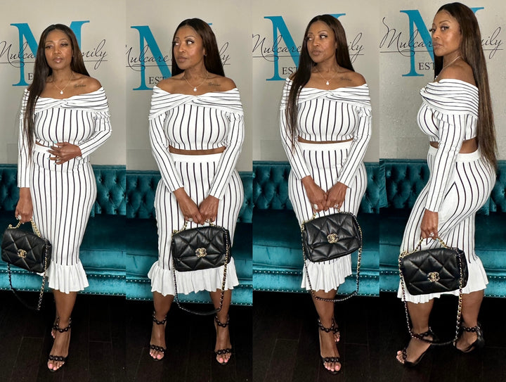 Perfect Fit Striped 2 Pc Off the Shoulder Skirt Set
