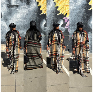 RESTOCKED Rich Auntie Winter Corded Open Front Long Kimono - Cream Tan Red Black Blend