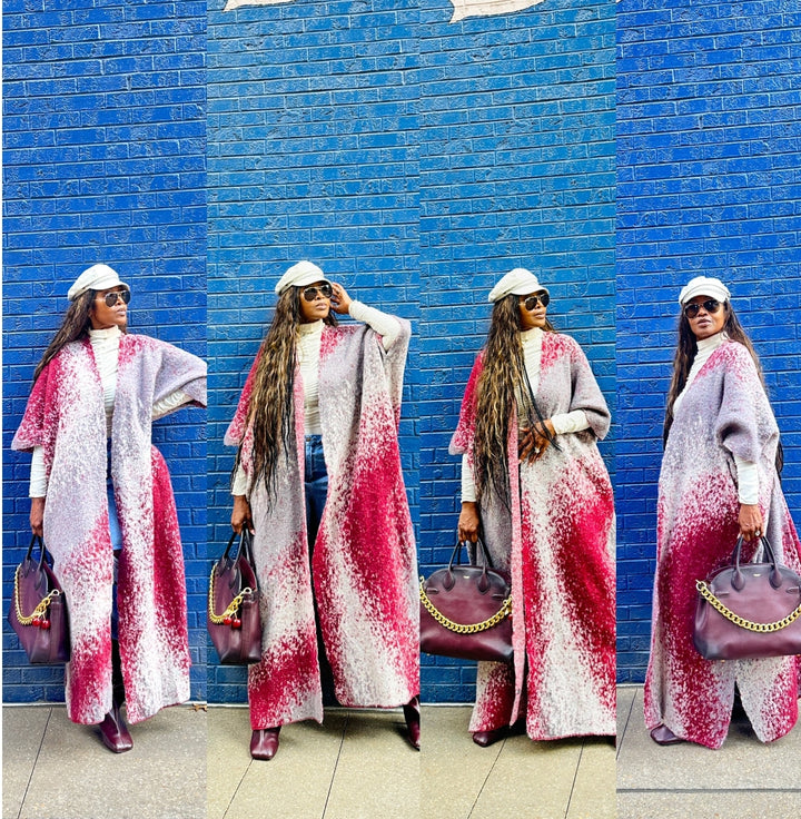 Ombre Open Front Long Cardigan Coat  Grey Burgundy Wine Blend Ships 12/5