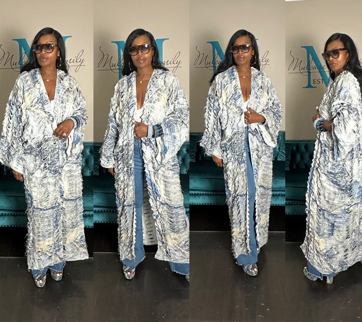 Denim Distressed Cut Out  Open Front Long Cardigan -Acid Wash Light Blue Jean Denim Ships 10/17