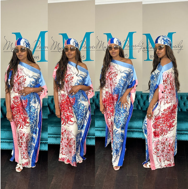 Vacation Vibes Kaftan Maxi Dress with Matching Scarf -  Red Blue White Ships 6/12