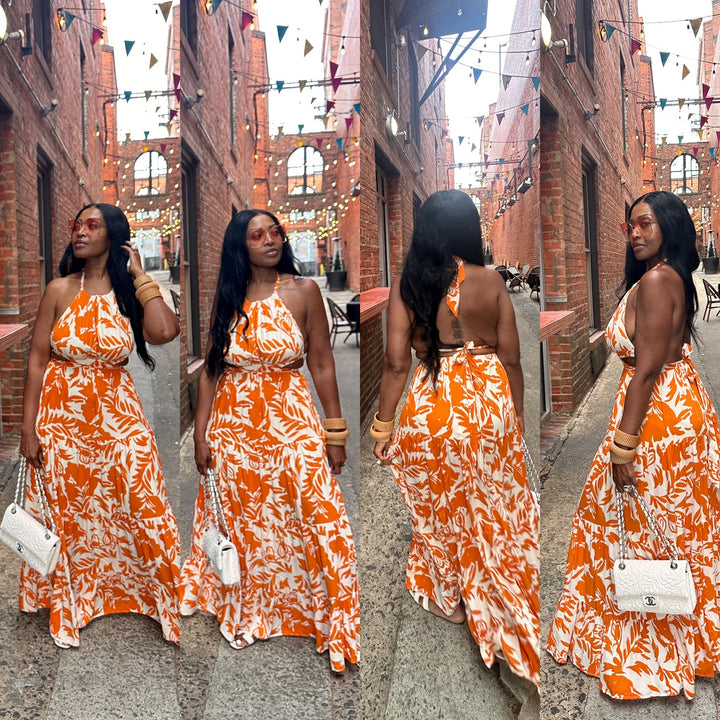 Mykonos Floral Orange and White Maxi Dress