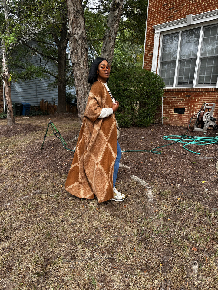 Diamond Print Caramel and Chocolate Open Front Long Cardigan Coat
