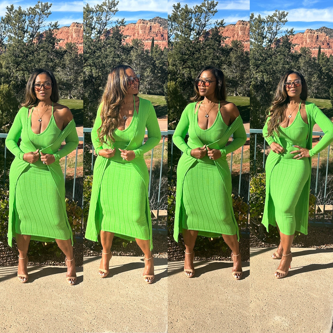 midi dress with duster Spring Green Duster and Midi Dress Set M