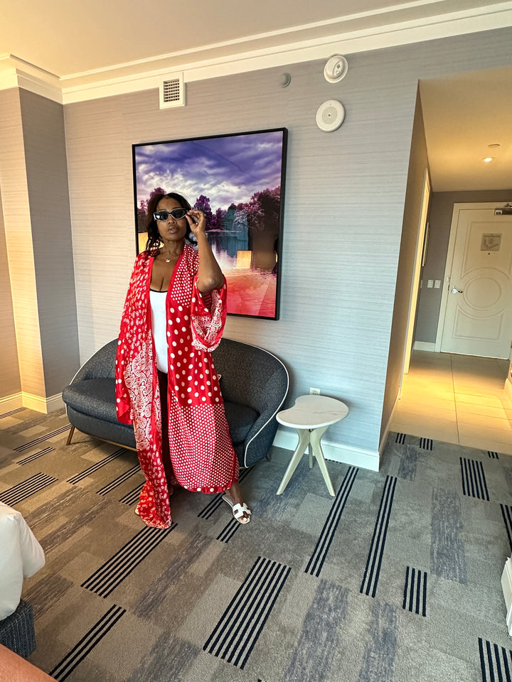 Tanzania Satin Open Front Kimono Long Kimono - Red Polka Dot Paisley Blend Ships 9/5