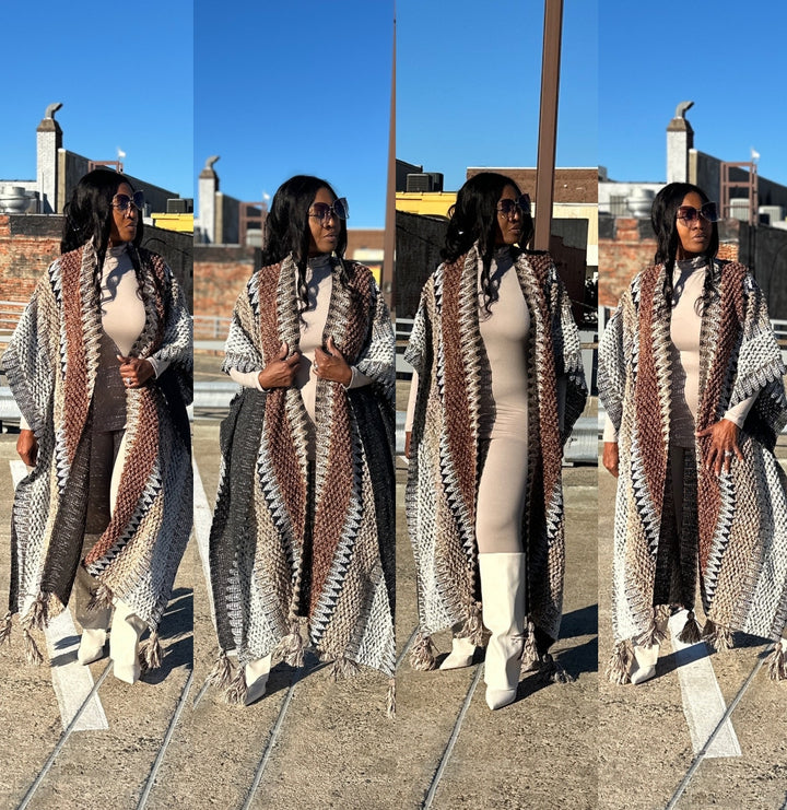 Rich Auntie Winter Open Front Sweater Cardigan Duster -Tan Chocolate Grey Blend