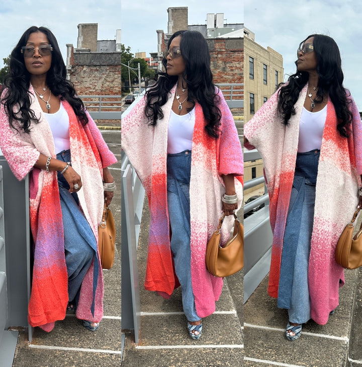 Ombre Open Front Long Cardigan Coat Red Pink Purple Blend Ships 10/10