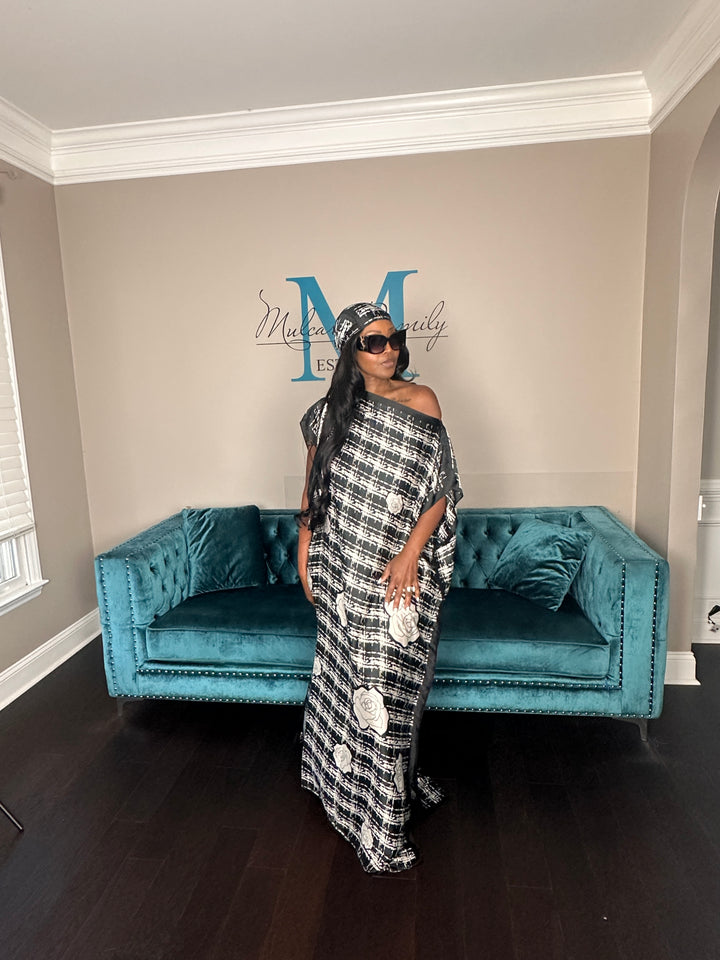 Classy & Fabulous Kaftan w/Matching Scarf  -Black & White camellia Print (Copy)