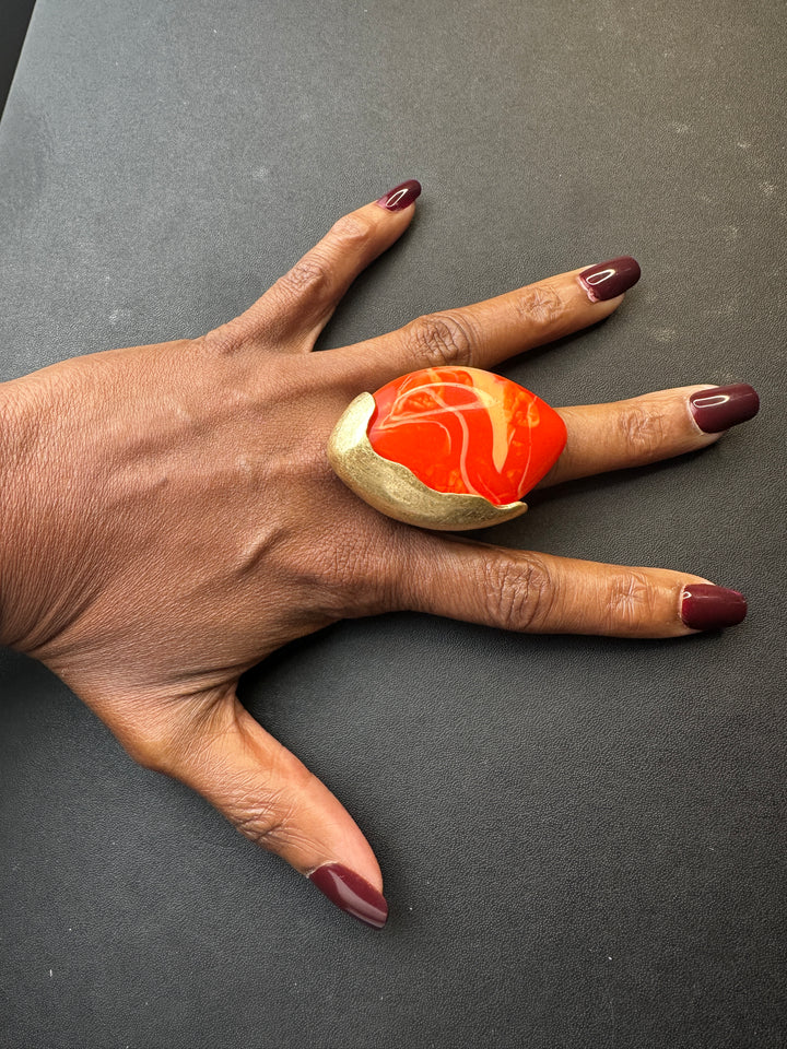 Oversized Stretch Bold Tulip Statement Ring - Red Orange
