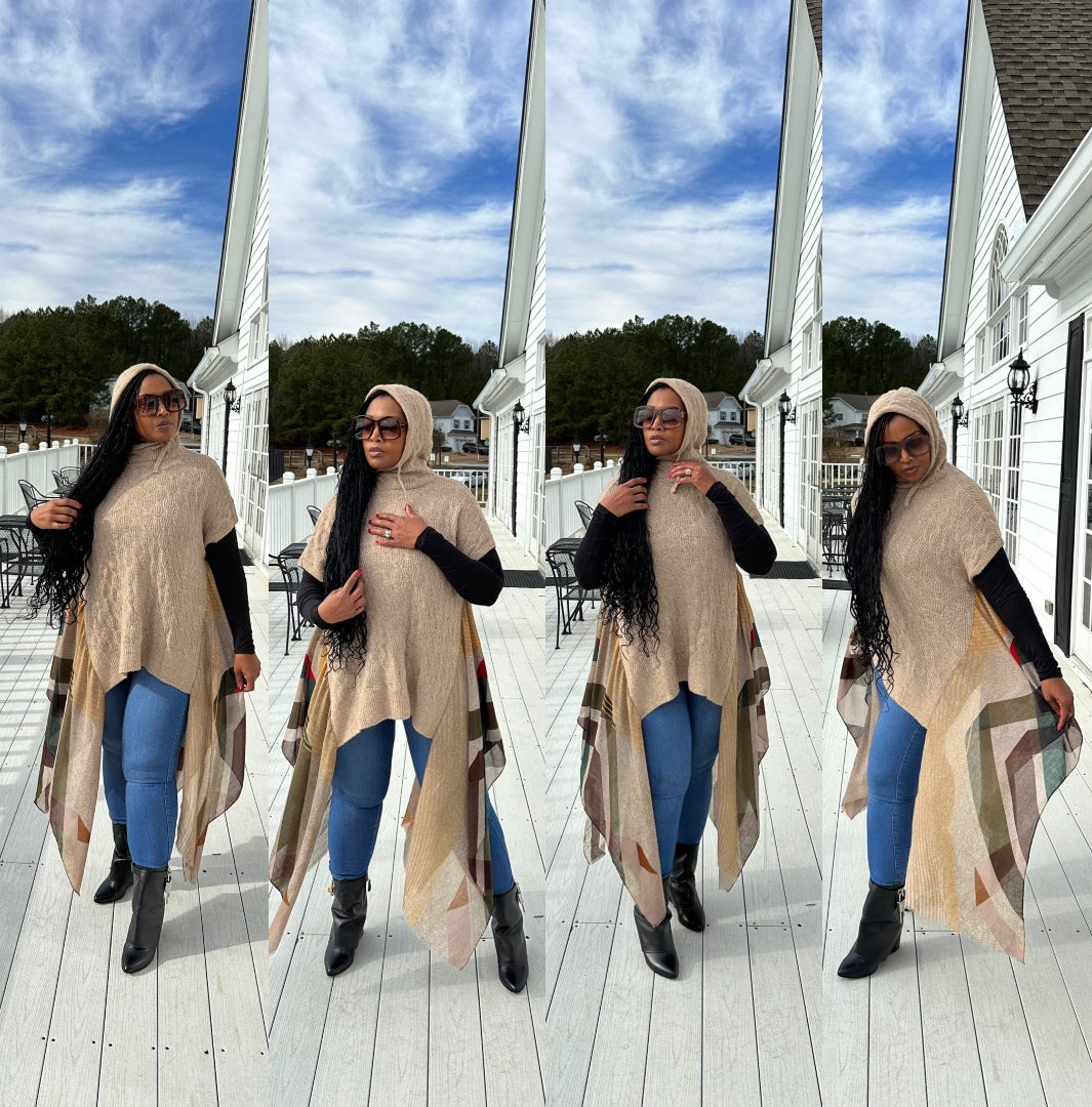 RESTOCKED Hooded Winter Open Front Poncho - Grey Orange and Black