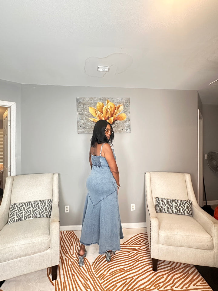 It’s Summertime Fine Super Stretchy Button Front Denim Mermaid Maxi Dress -