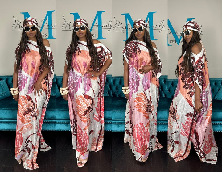 Vacation Vibes Kaftan Maxi Dress with Matching Scarf -  Cream Fuchsia Orange Burgundy  Blend Ships 6/12