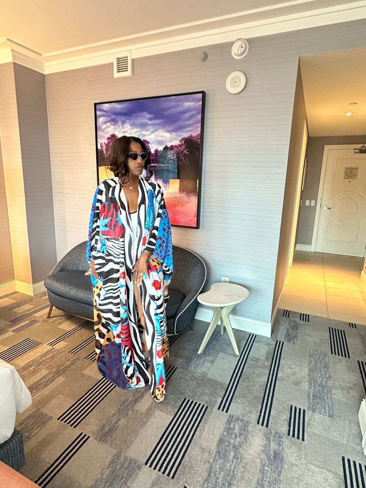 Cozumel Satin Open Front Kimono Long Kimono - x Multicolor Blend Ships 9/5