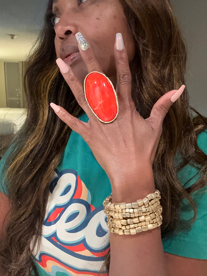 Oversized Bold Oyster Stone Accent Stretch Ring - Red Orange