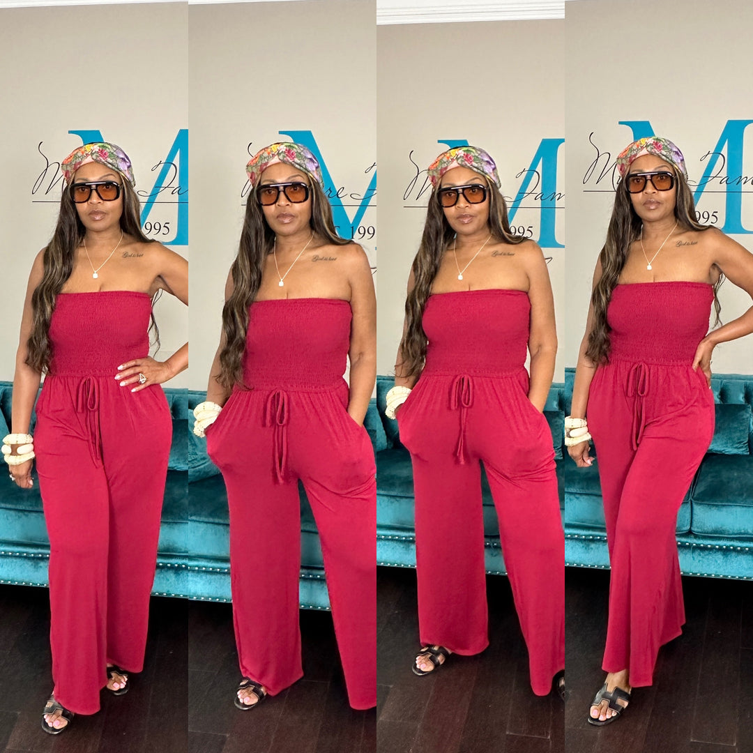 Strapless Smocked Get-Up-And-Go- Romper Burgundy Wine