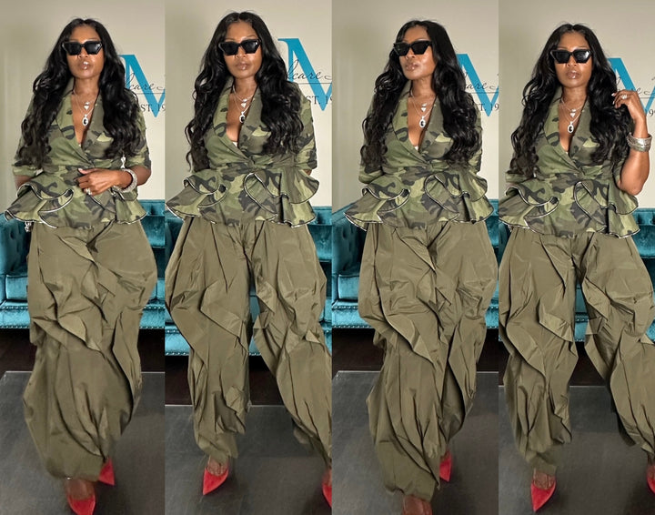 Camo Stretch  Peplum Zipper Tiered Jacket