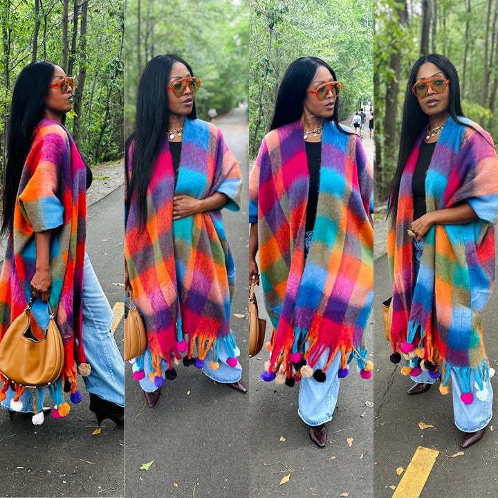 Winter Open Front Long Multi-color Kimono with Pom Pom Detail - Turquoise Orange Pihk Blend