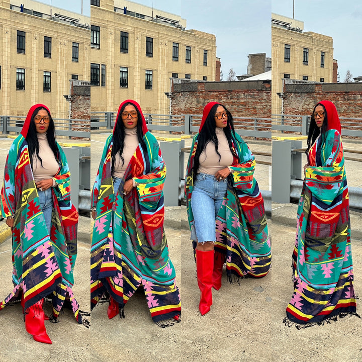 Hooded Winter Open Front Poncho - Teal Red Blue Yellow Multi-color Ships 1/30