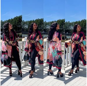 Ghana Open Front Kimono Long Kimono with matching scarf- Wine Black  Blend