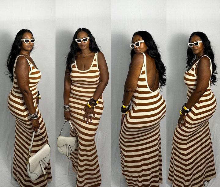 Summertime  Striped Open Back Maxi Camel and Cream