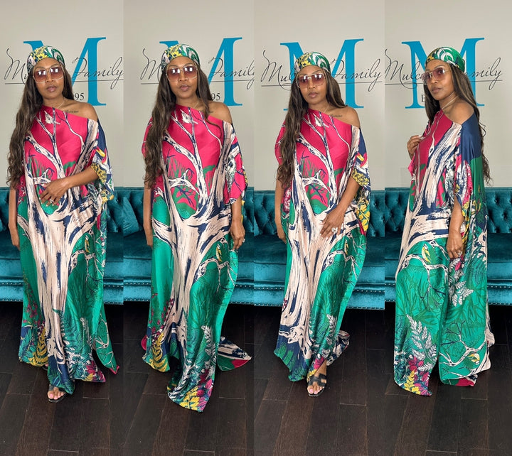 Vacation Vibes Kaftan Maxi Dress with Matching Scarf  -  Hot Pink Green Pink Blend Ships 6/19