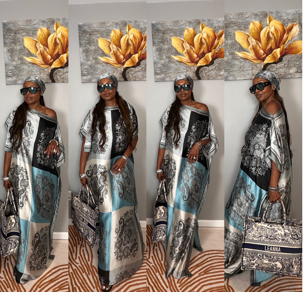 Vacation Vibes Kaftan Maxi Dress with Matching Scarf  -  Black White Silver Turquoise Blend
