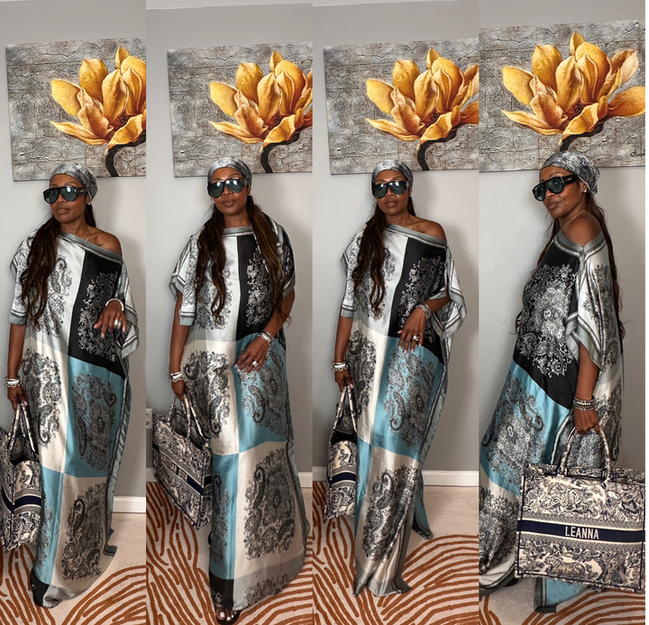 Vacation Vibes Kaftan Maxi Dress with Matching Scarf  -  Black White Silver Turquoise Blend