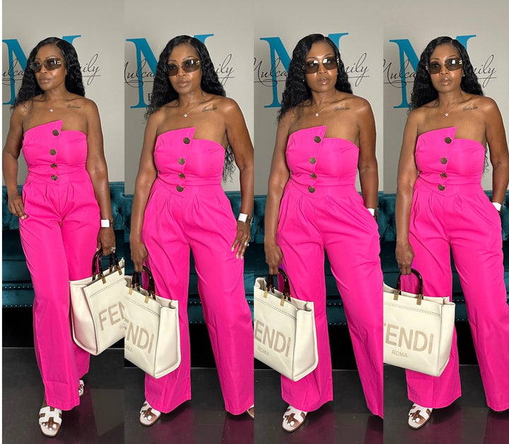 Stretch Twill Strapless Gold Button Fuchsia Jumpsuit