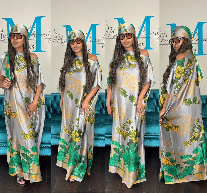 Vacation Vibes Kaftan Maxi Dress with Matching Scarf  -  Silver Green Black Blend
