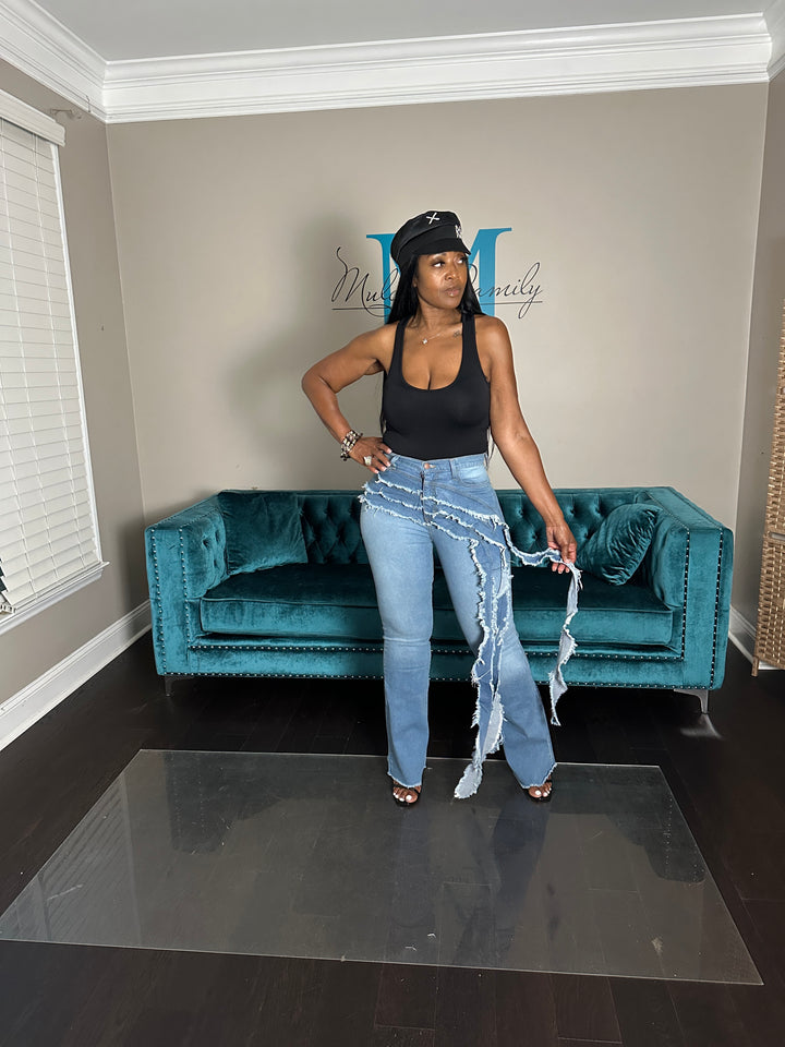 NEW Lasso Tall Flare Side Fringe Stretch Denim Jeans