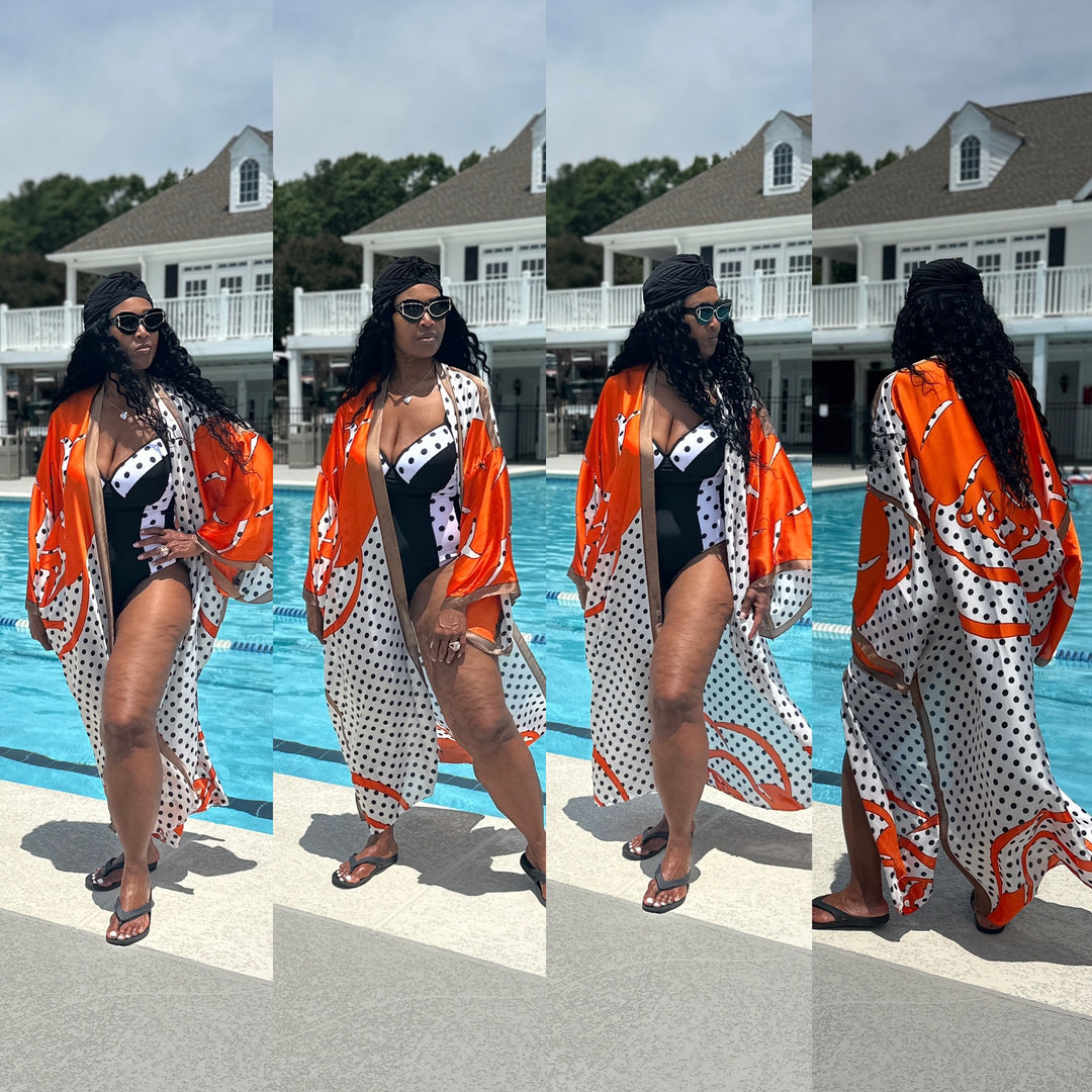 Bangkok Satin Open Front Long Kimono - Vivid Orange and Polka Dot Blend