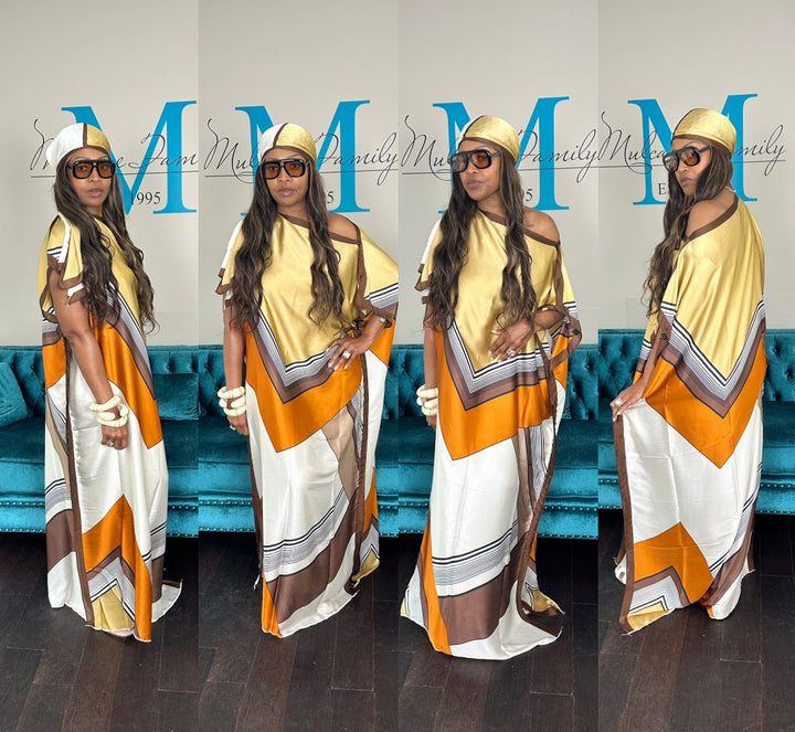 Vacation Vibes Kaftan Maxi Dress with Matching Scarf -  Tan Orange Brown Blend Ships 6/12