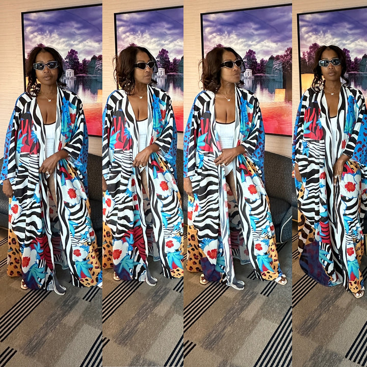 Cozumel Satin Open Front Kimono Long Kimono - x Multicolor Blend Ships 9/5